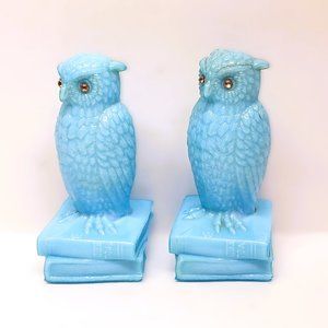Vintage Degenhart Glass Owl Books Figurine Opaque Blue Paperweight Lot Set x2